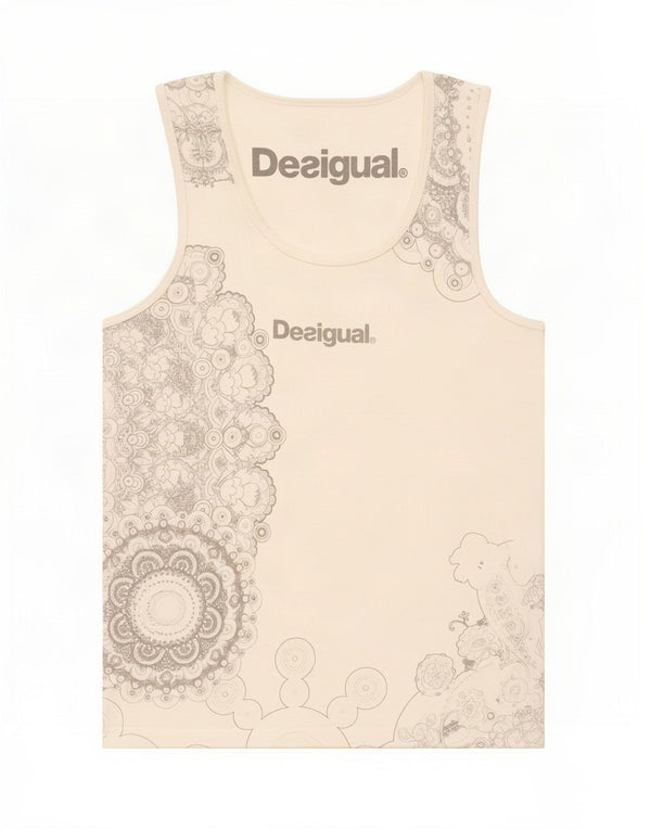 Desigual Womens Graphic Vest Top UK 8 Small White Floral Cotton
