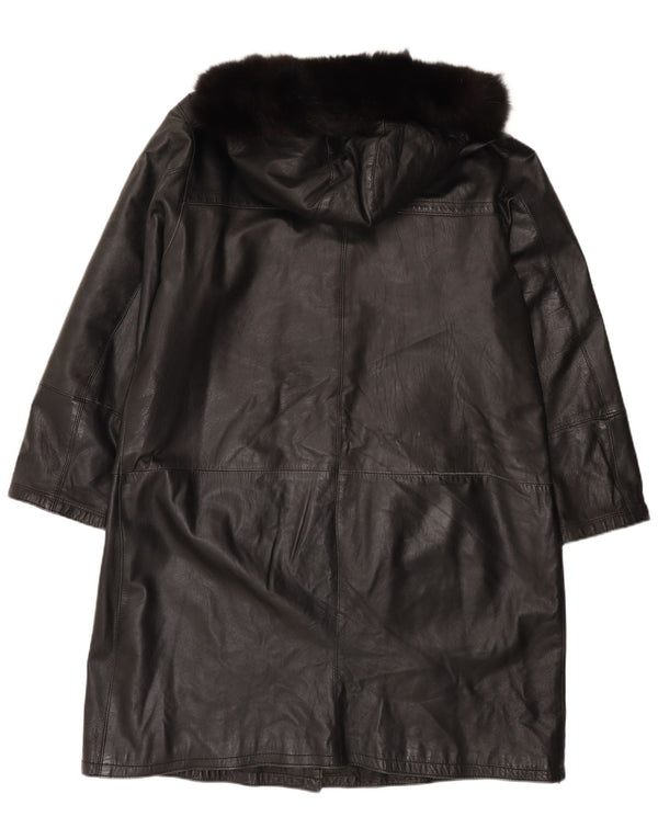 Vintage Womens Hooded Leather Coat IT 48 XL Black