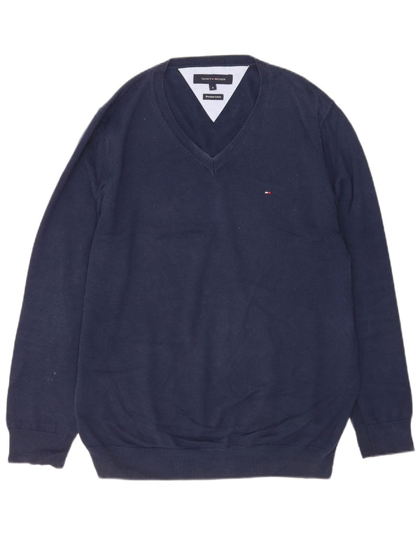 Tommy Hilfiger Ανδρικό πουλόβερ με λαιμόκοψη με V λαιμόκοψη Μικρό μπλε βαμβακερό