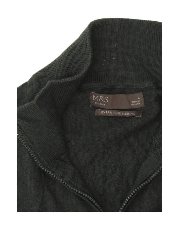 Marks & Spencer Ανδρικό πουλόβερ με λαιμόκοψη με φερμουάρ Μεγάλο πράσινο μαλλί Merino
