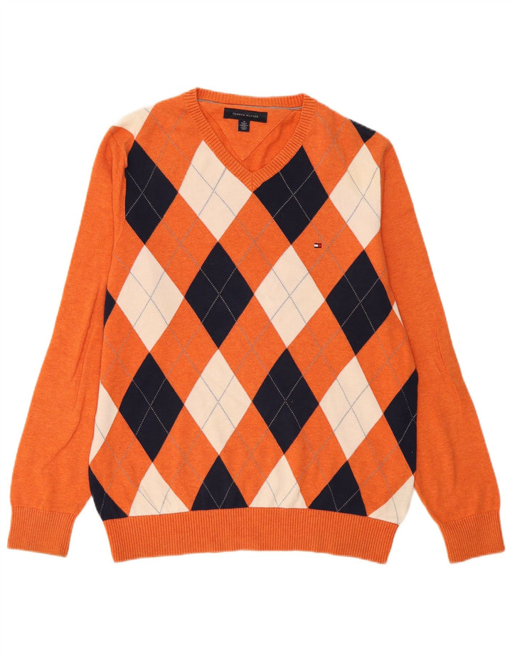 Ανδρικό πουλόβερ Tommy Hilfiger με V λαιμόκοψη, μεσαίο πορτοκαλί Argyle/Diamond