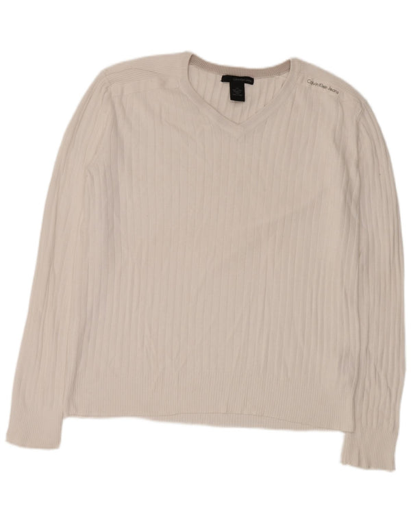 Calvin Klein Jeans Ανδρικό πουλόβερ με λαιμόκοψη με λαιμόκοψη μεγάλο λευκό βαμβακερό