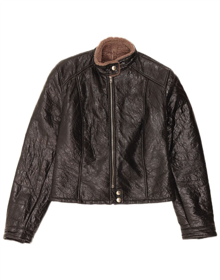Vintage Γυναικείο Shearling Jacket UK 14 Medium μαύρο δέρμα