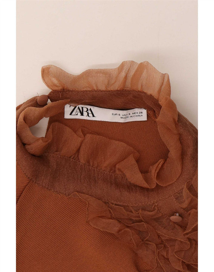 Zara Γυναικεία μπλούζα με βολάν μπροστά τοπ UK 8 Small Brown Nylon