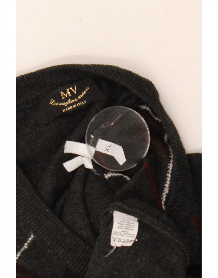 Vintage ανδρικό πουλόβερ με λαιμόκοψη XL γκρι Argyle/Διαμαντένιο μαλλί