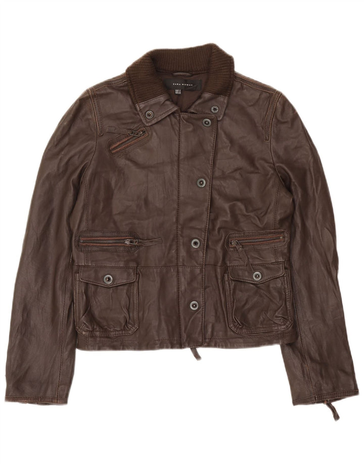 Zara Γυναικείο Δερμάτινο Μπουφάν UK 10 Small Brown Δερμάτινο