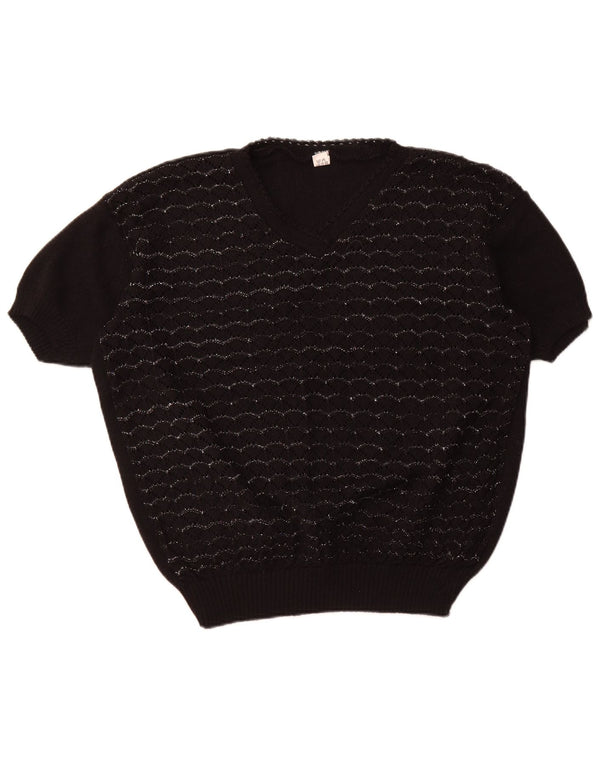 VINTAGE Γυναικείο πουλόβερ με κοντό μανίκι V λαιμόκοψη UK 18 XL μαύρο ριγέ