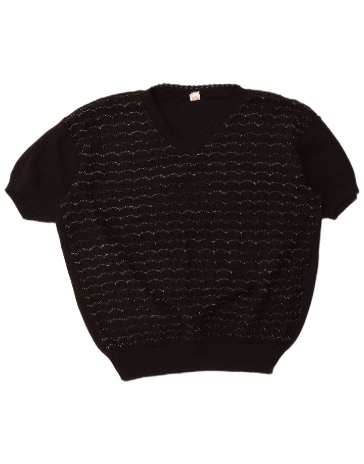 VINTAGE Γυναικείο πουλόβερ με κοντό μανίκι V λαιμόκοψη UK 18 XL μαύρο ριγέ
