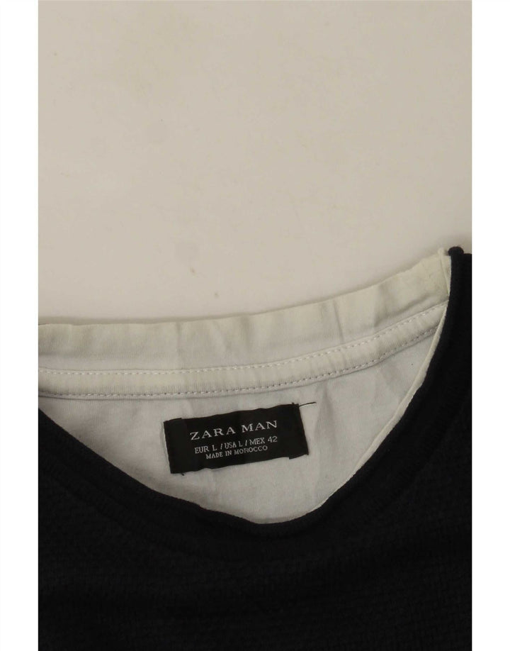 Zara Ανδρικό T-Shirt Top Large Navy Blue Colourblock
