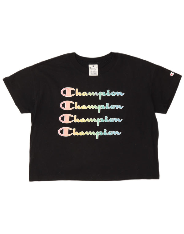 Champion Womens Crop Graphic T-Shirt Top UK 14 Medium Navy Blue Cotton