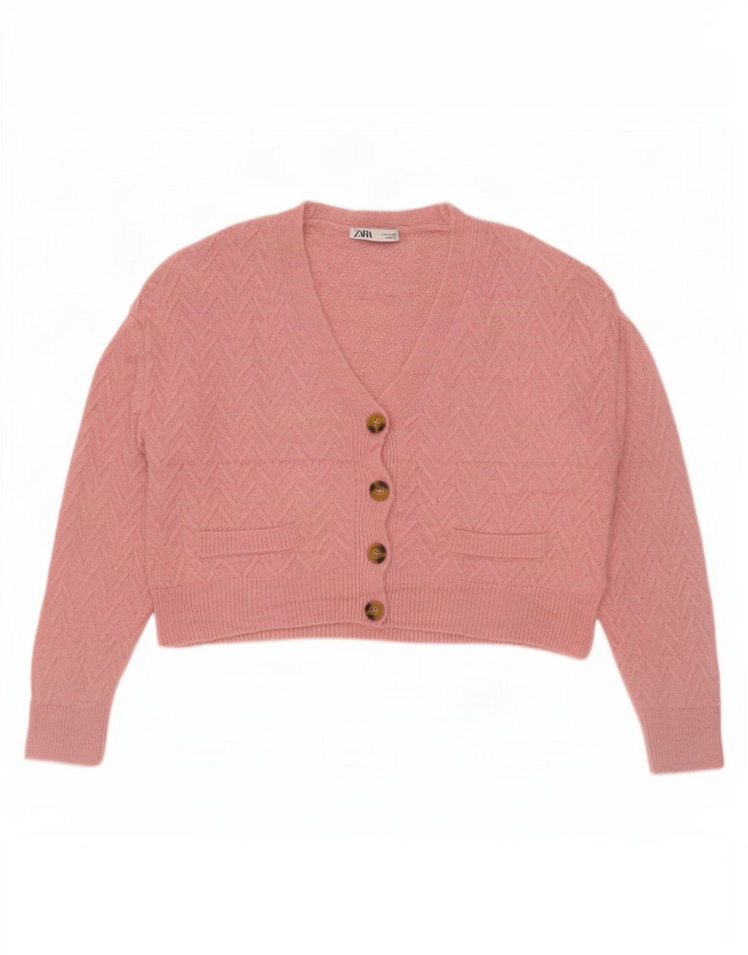 Zara Γυναικείο Crop Ζακέτα πουλόβερ UK 14 Medium Pink Chevron