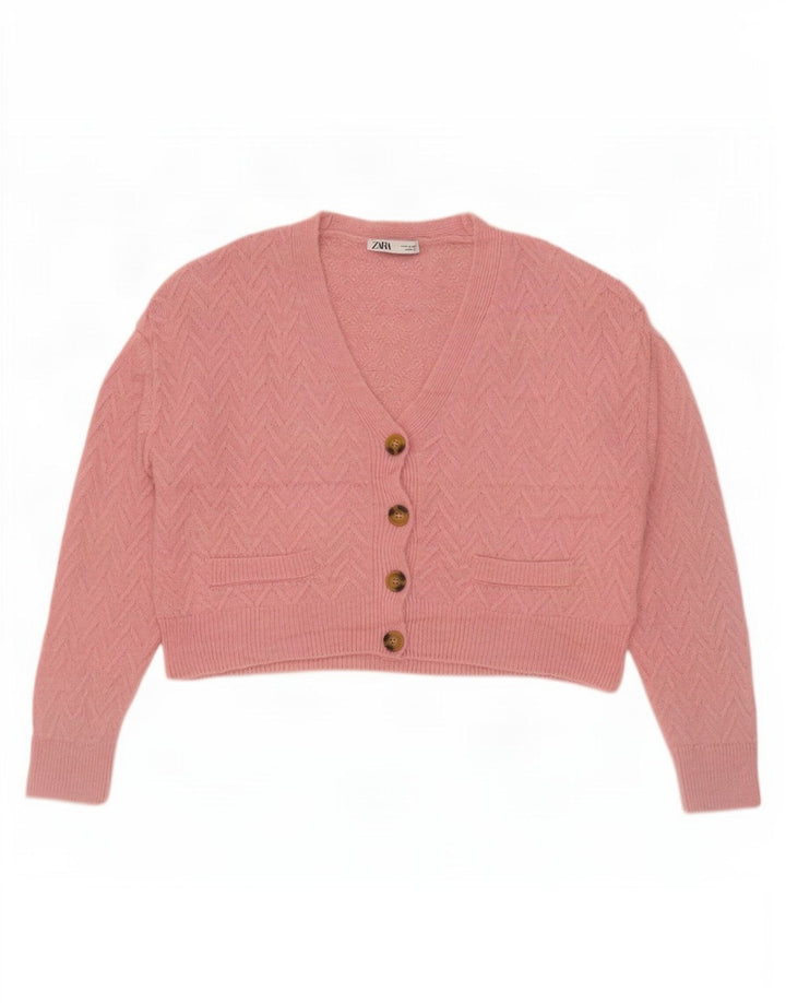 Zara Γυναικείο Crop Ζακέτα πουλόβερ UK 14 Medium Pink Chevron
