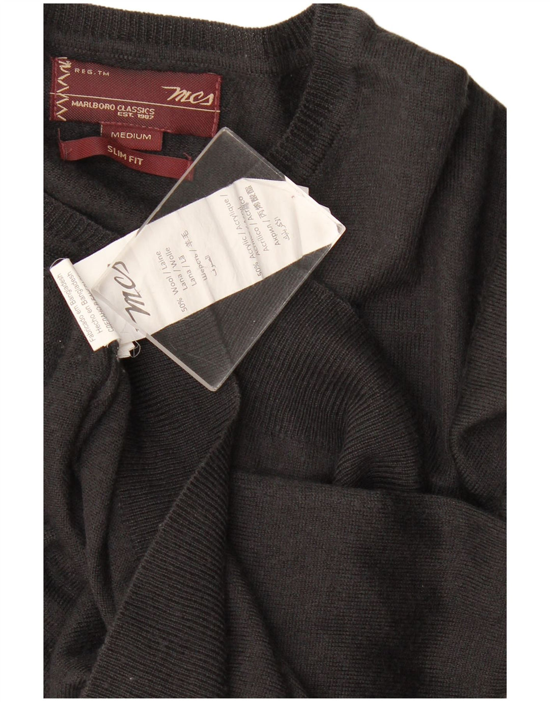 Ανδρικό πουλόβερ Marlboro Classics Slim Fit Jumper με V λαιμόκοψη, μεσαίο μαύρο μάλλινο