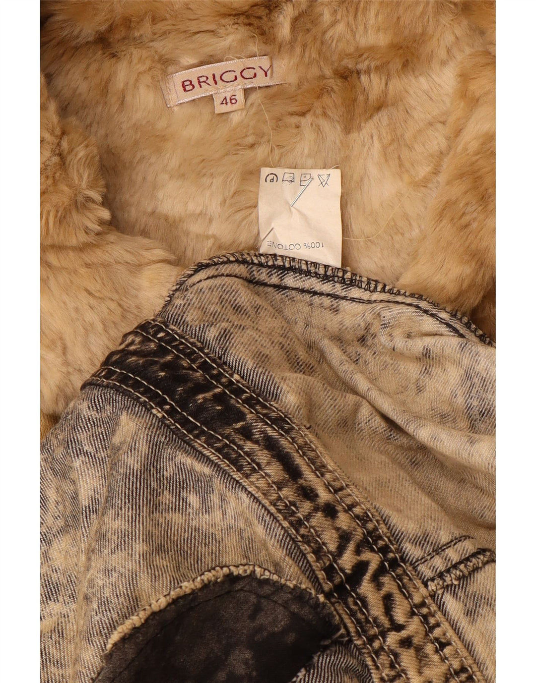 VINTAGE Γυναικείο Acid Wash Sherpa Denim Παλτό IT 46 Μεγάλο Μπεζ βαμβακερό