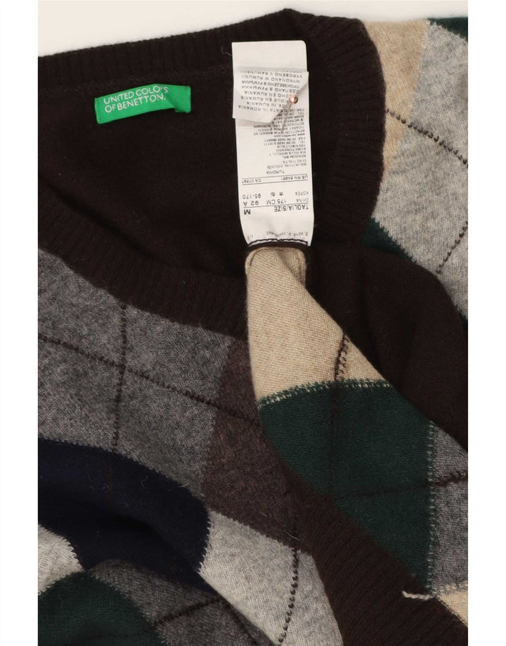 Ανδρικό πουλόβερ Benetton με λαιμόκοψη σε μεσαίο καφέ Argyle/Diamond Wool