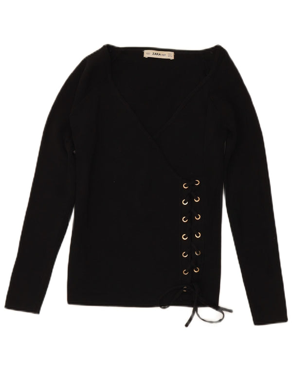 ZARA Γυναικείο πουλόβερ με μανίκια 3/4 με λαιμόκοψη UK 10 Small Black Viscose