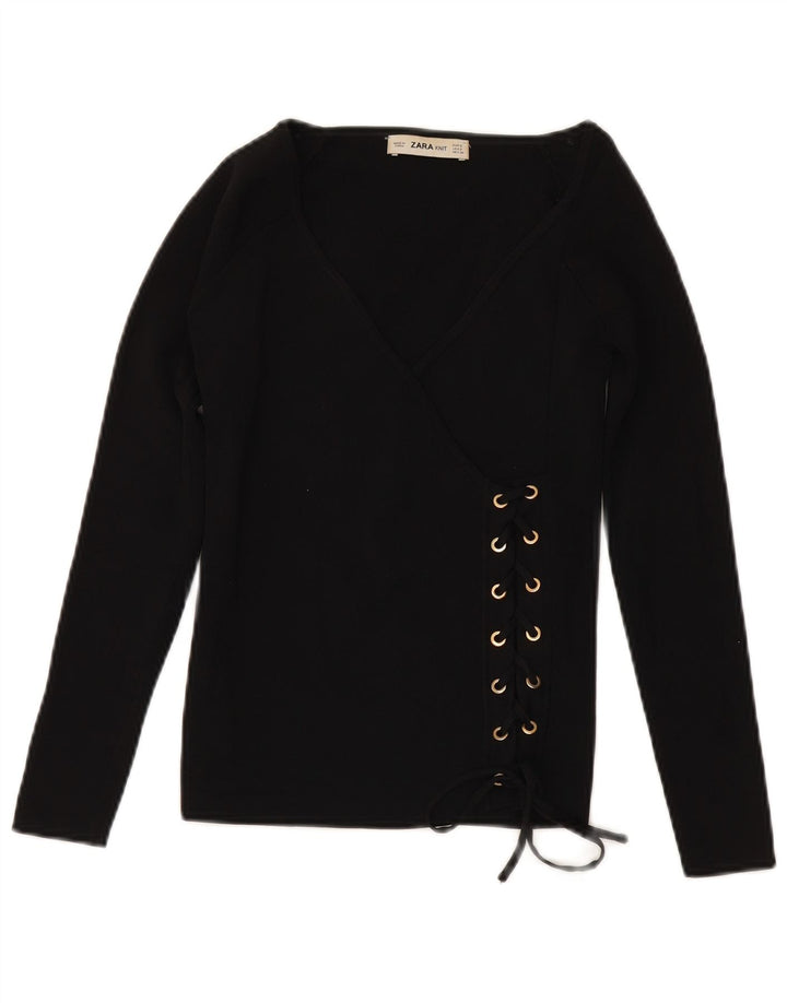 ZARA Γυναικείο πουλόβερ με μανίκια 3/4 με λαιμόκοψη UK 10 Small Black Viscose