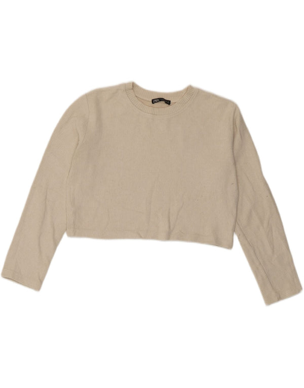 Zara Γυναικείο Crop Oversized τοπ μακρυμάνικο UK 10 Small Beige βαμβακερό