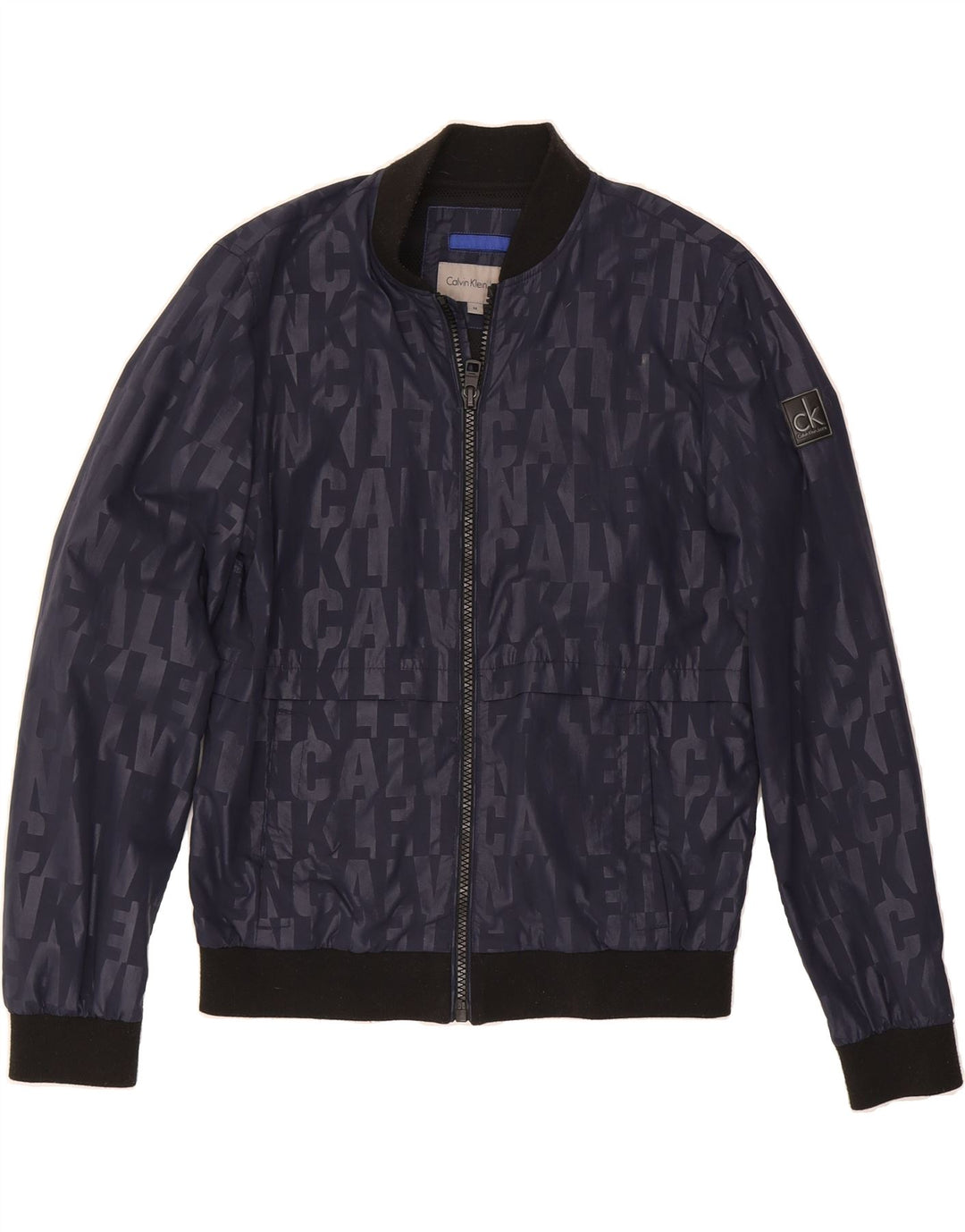 CALVIN KLEIN JEANS Mens Graphic Bomber Jacket UK 38 Medium Navy Blue Vintage Calvin Klein Jeans and Second-Hand Calvin Klein Jeans from Messina Hembry 