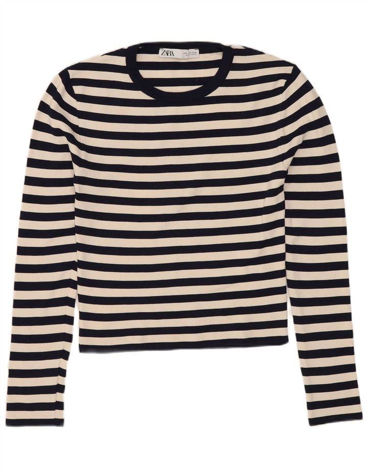 ZARA Γυναικεία Crop Top μακρυμάνικη UK 12 Medium Navy Blue ριγέ πολυαμίδιο