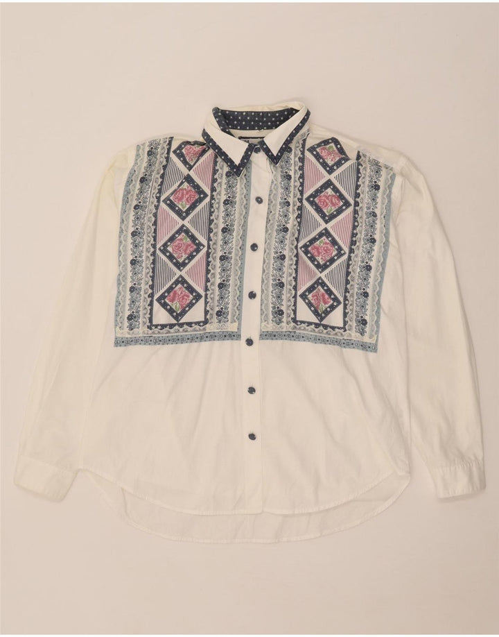Vintage Γυναικείο πουκάμισο Oversized Μπλούζα UK 14 Μεσαίο λευκό γεωμετρικό βαμβάκι