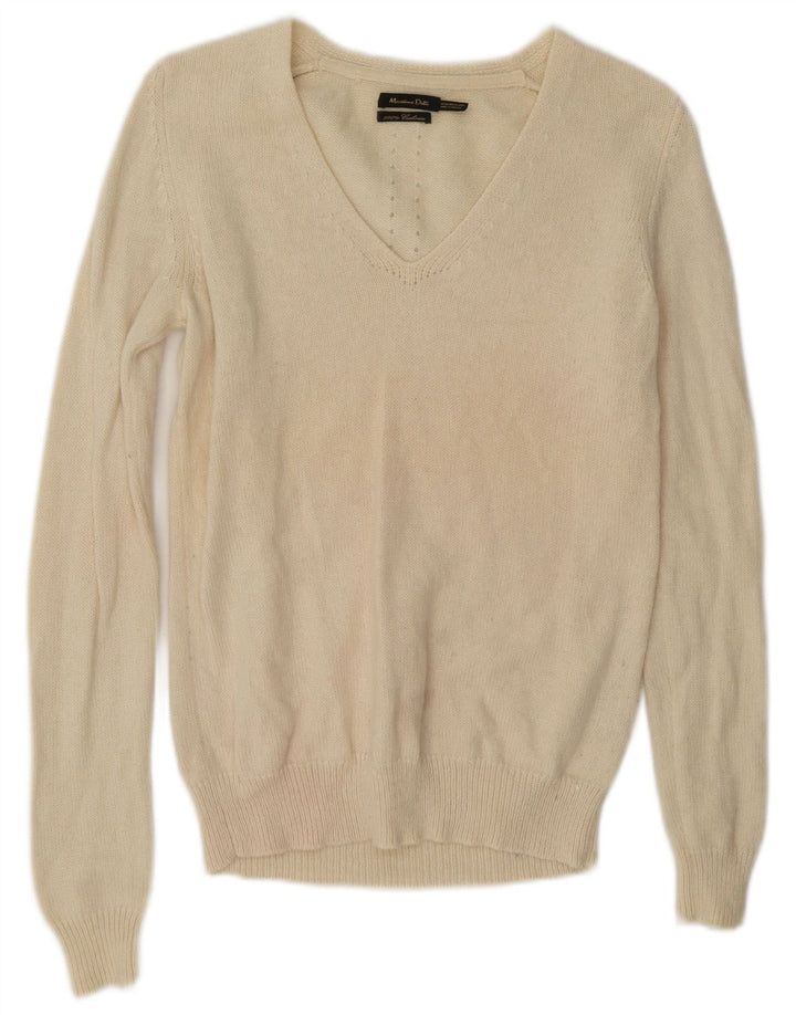 Massimo Dutti Γυναικείο πουλόβερ με λαιμόκοψη με V λαιμόκοψη UK 14 Medium Off White Cashmere