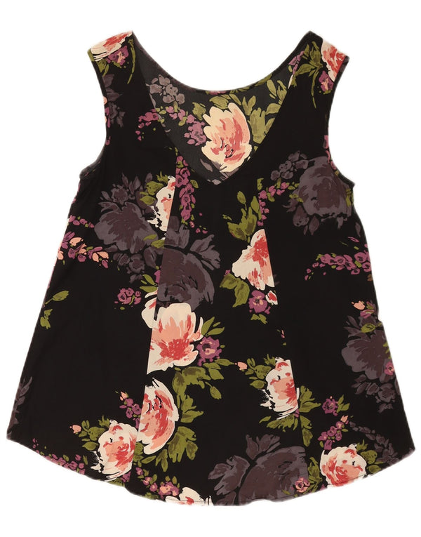 Vintage Γυναικεία Crop Αμάνικη Μπλούζα Τοπ UK 10 Small Black Floral