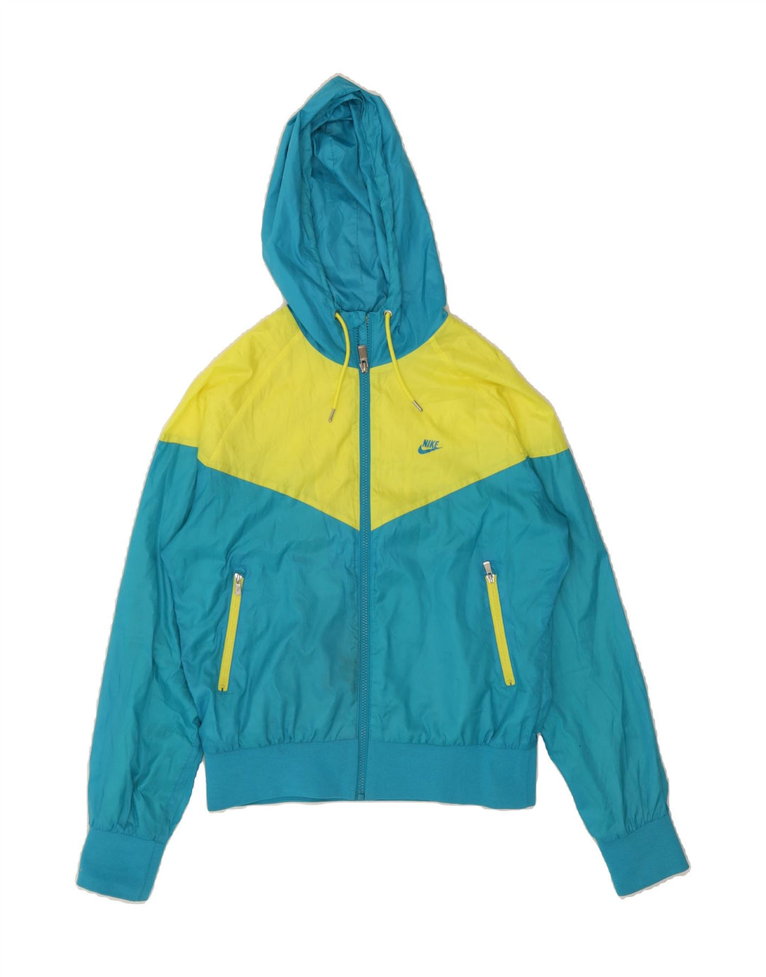 NIKE Womens Hooded Bomber Jacket UK 14 Medium Blue Colourblock Polyester Vintage Nike and Second-Hand Nike from Messina Hembry 