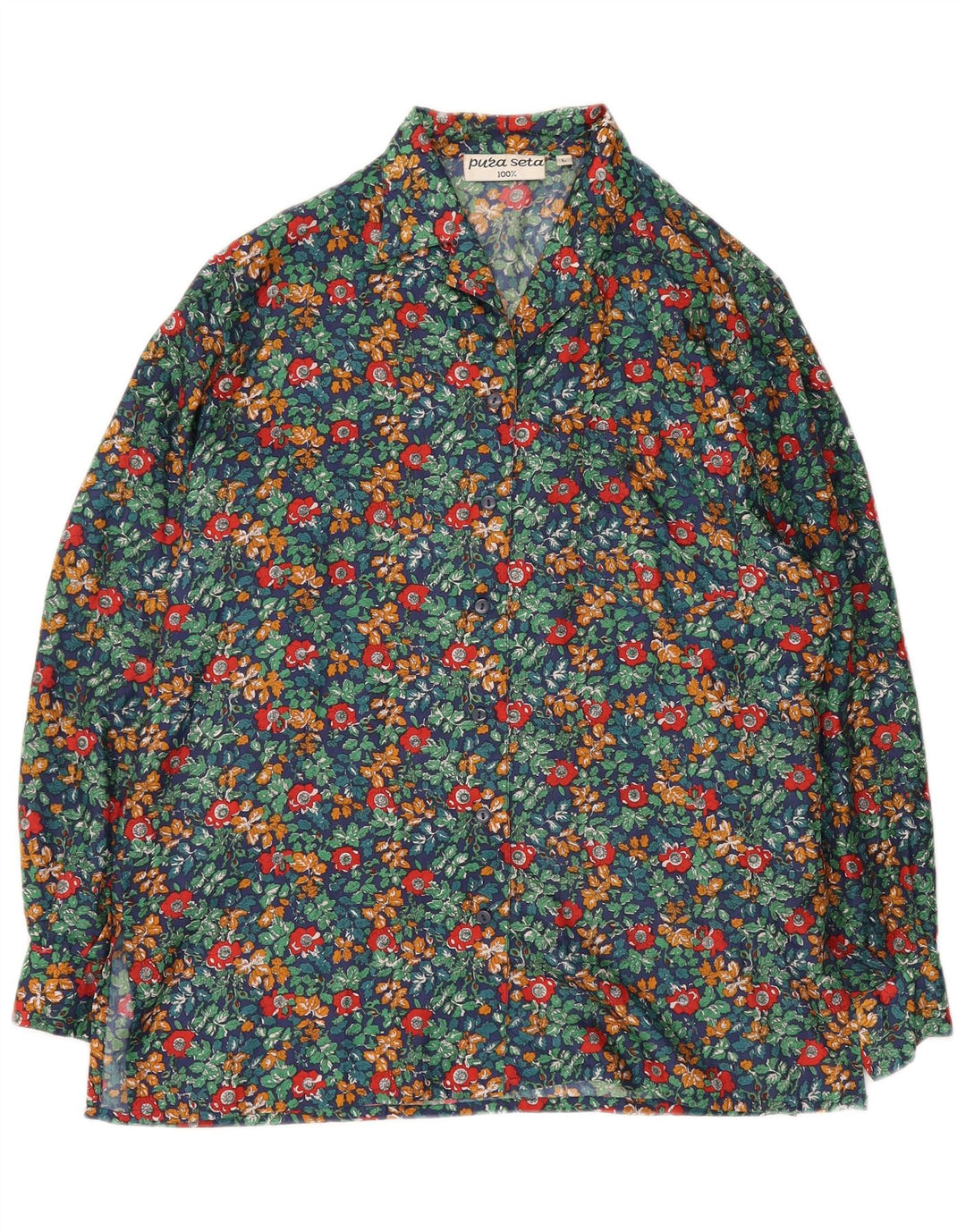 Vintage γυναικείο πουκάμισο μπλούζα UK 16 Μεγάλο πολύχρωμο φλοράλ μετάξι