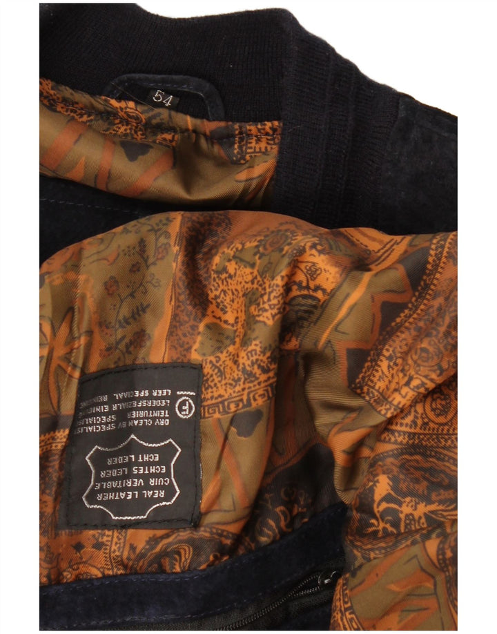 VINTAGE Ανδρικό Suede Bomber Jacket IT 54 2XL Navy Blue Leather