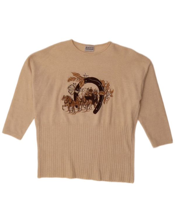 Vintage γυναικείο γραφικό 3/4 μανίκι πουλόβερ με λαιμόκοψη UK 20 2XL Μπεζ