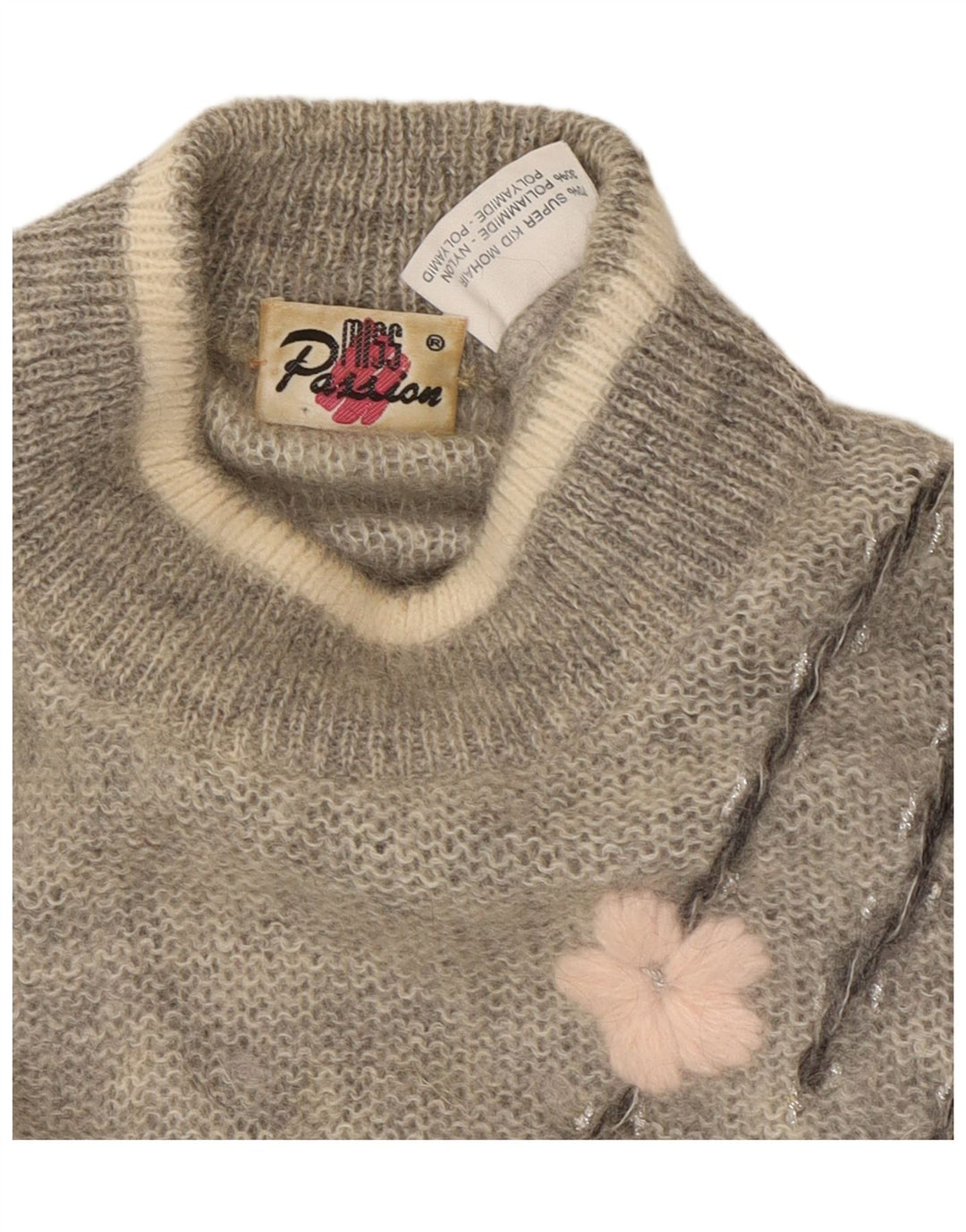 VINTAGE Γυναικείο πουλόβερ με λαιμό χελώνα UK 18 XL Γκρι λουλουδάτο μοχέρ