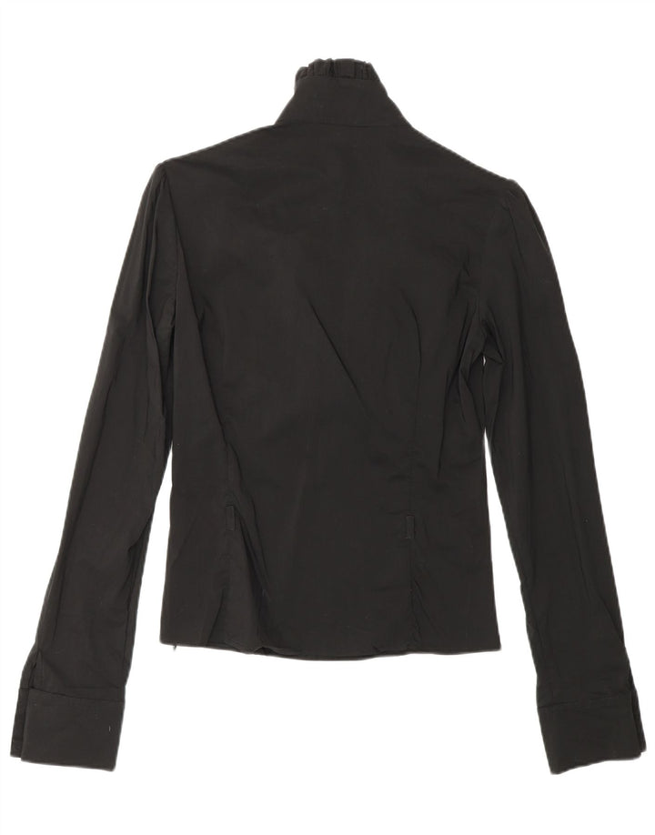 COVERI Γυναικείο βολάν μπροστινό μακρυμάνικο μπλούζα UK 10 Small Black Nylon