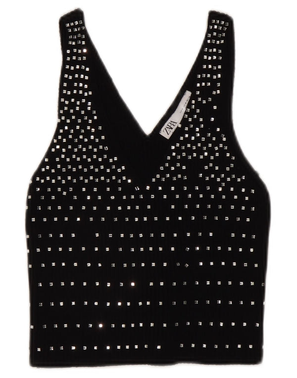 Zara Γυναικείο Αμάνικο Crop Top UK 12 Medium Black Spotted