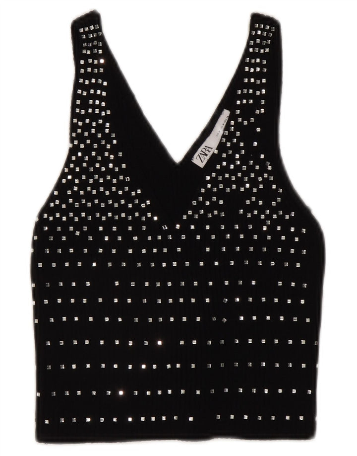 Zara Γυναικείο Αμάνικο Crop Top UK 12 Medium Black Spotted