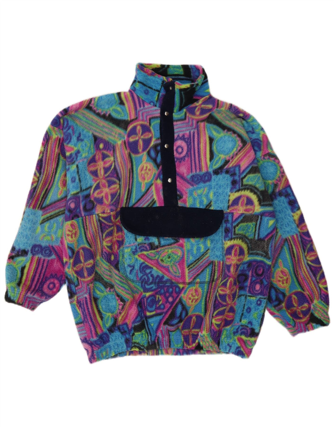Vintage ανδρικό Anorak Fleece Jumper Μεγάλο Πολύχρωμο Γεωμετρικό Πολυαμίδιο