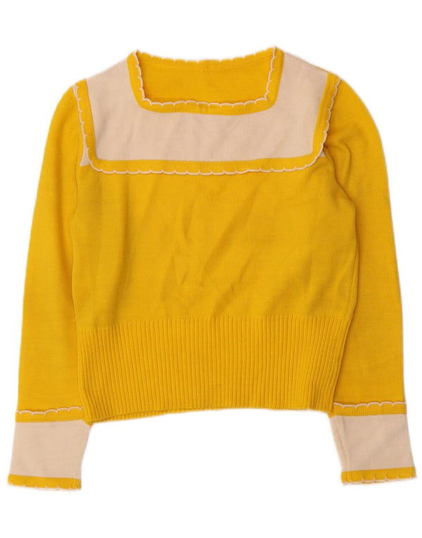 Vintage γυναικείο Crop Boat Neck Jumper UK 10 Small Yellow Colourblock