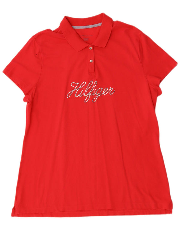 TOMMY HILFIGER Γυναικείο γραφικό πόλο μπλουζάκι UK 20 2XL κόκκινο βαμβακερό