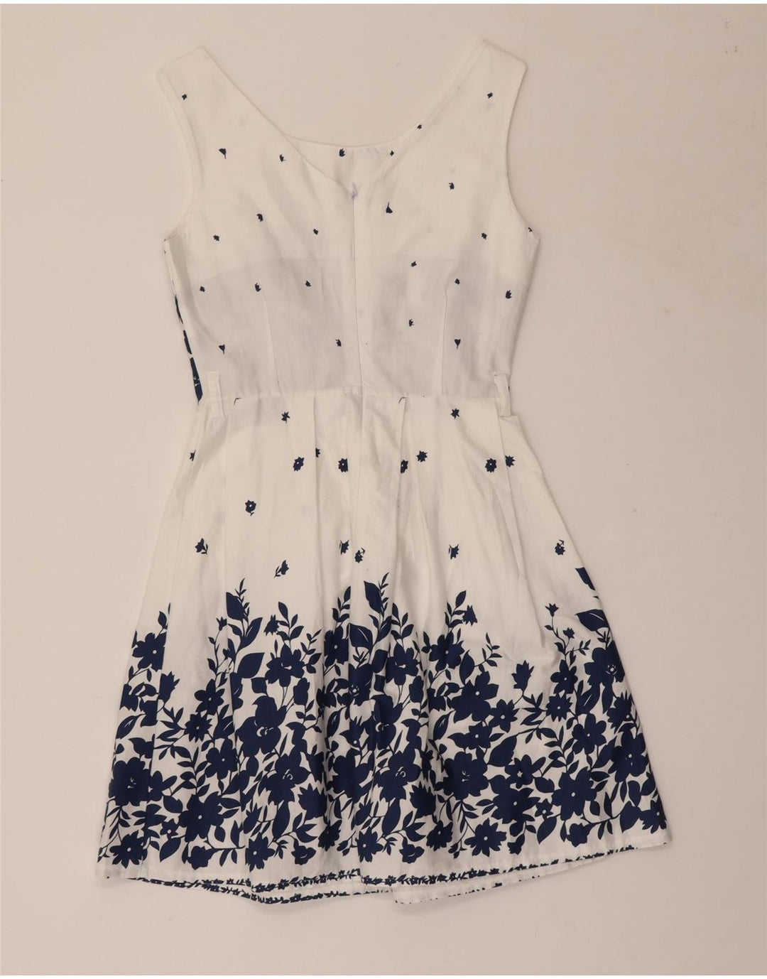 VINTAGE Γυναικείο Αμάνικο Φόρεμα UK 8 Small White Floral Βαμβακερό