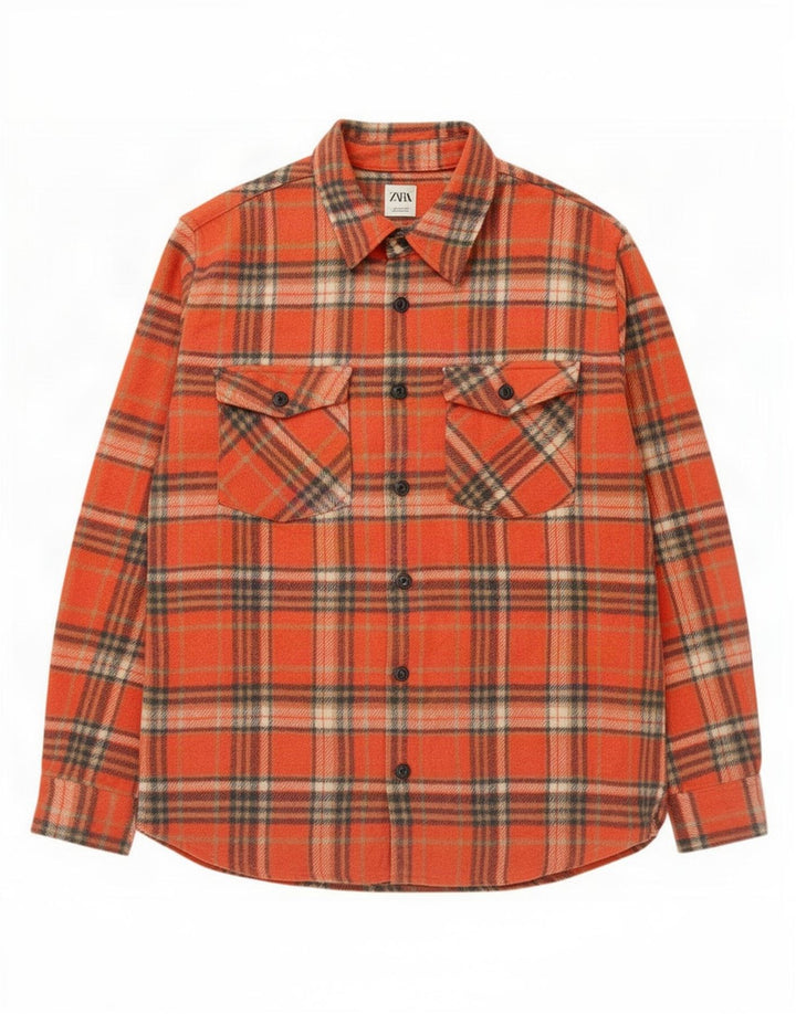 Zara Ανδρικό φανελένιο πουκάμισο Relaxed Fit Large πορτοκαλί από πολυεστέρα