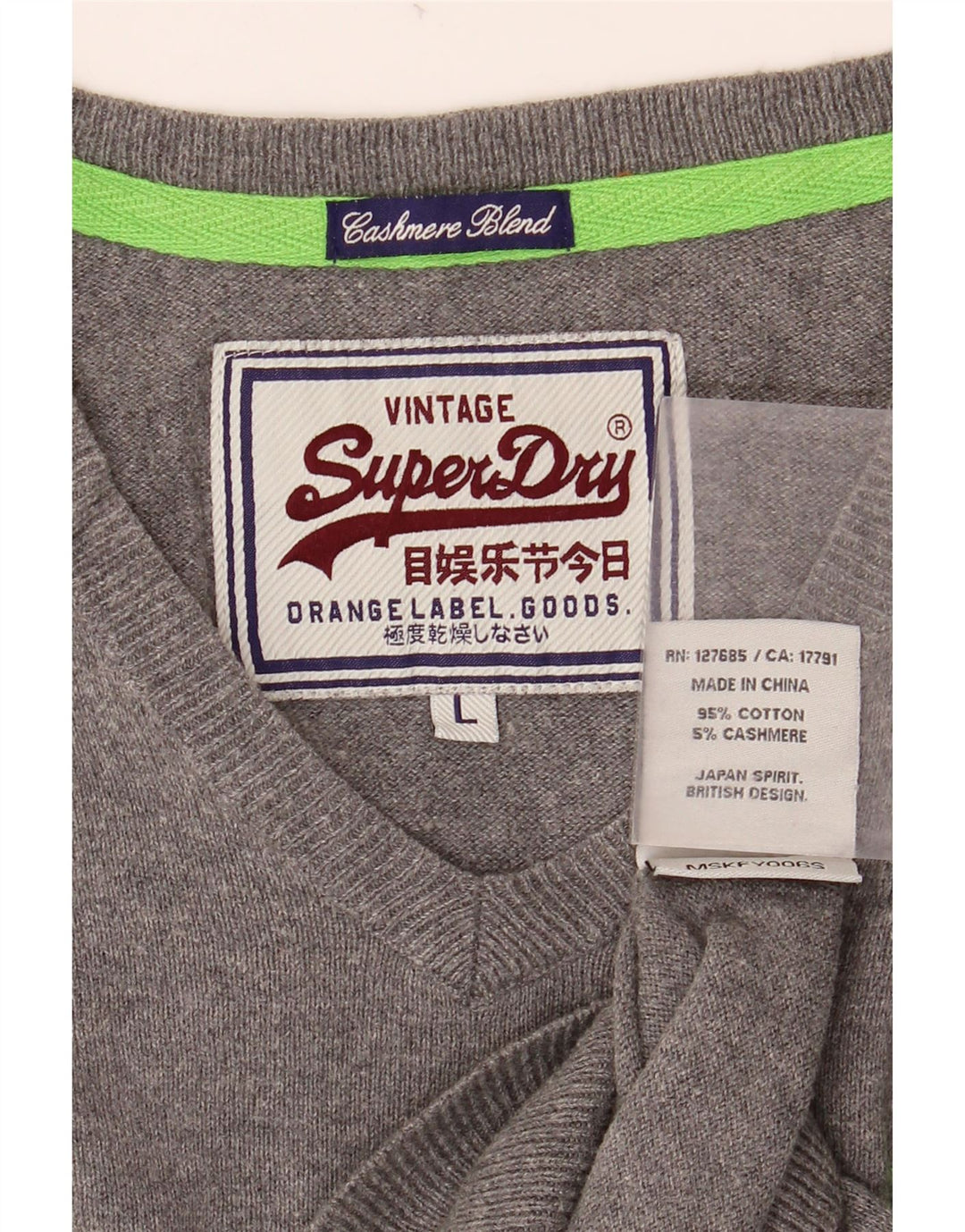 Ανδρικό πουλόβερ με λαιμόκοψη SUPERDRY Μεγάλο γκρι βαμβακερό