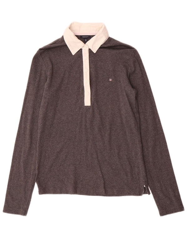 Gant Womens Long Sleeve Rugby Polo Shirt UK 12 Medium Grey
