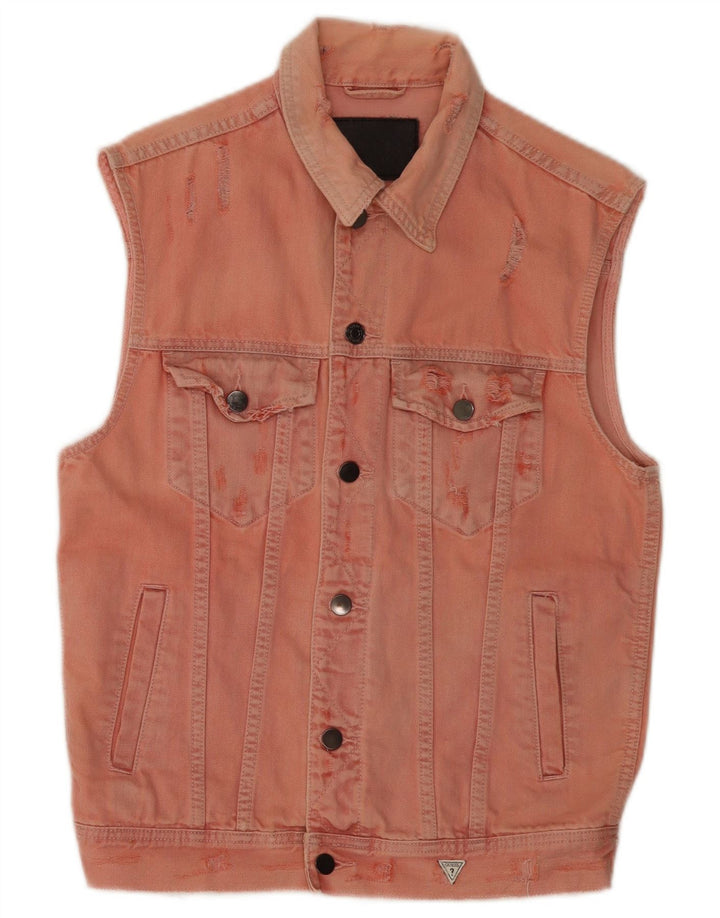 Guess Womens Graphic Denim Gilet UK 14 Medium Pink Cotton