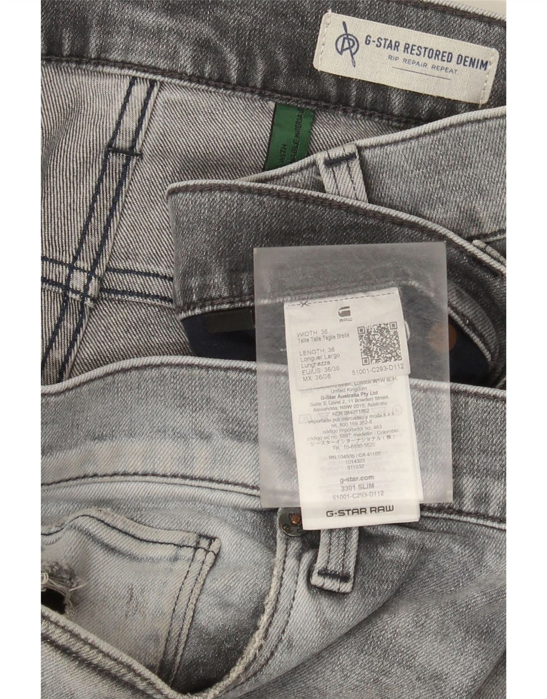 G-Star Mens 3301 Distressed Slim Jeans W36 L36 Γκρι βαμβακερό
