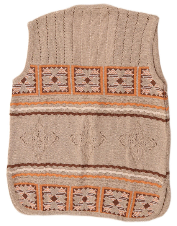 Vintage Womens Sleeveless Cardigan Sweater UK 16 Large Beige Geometric