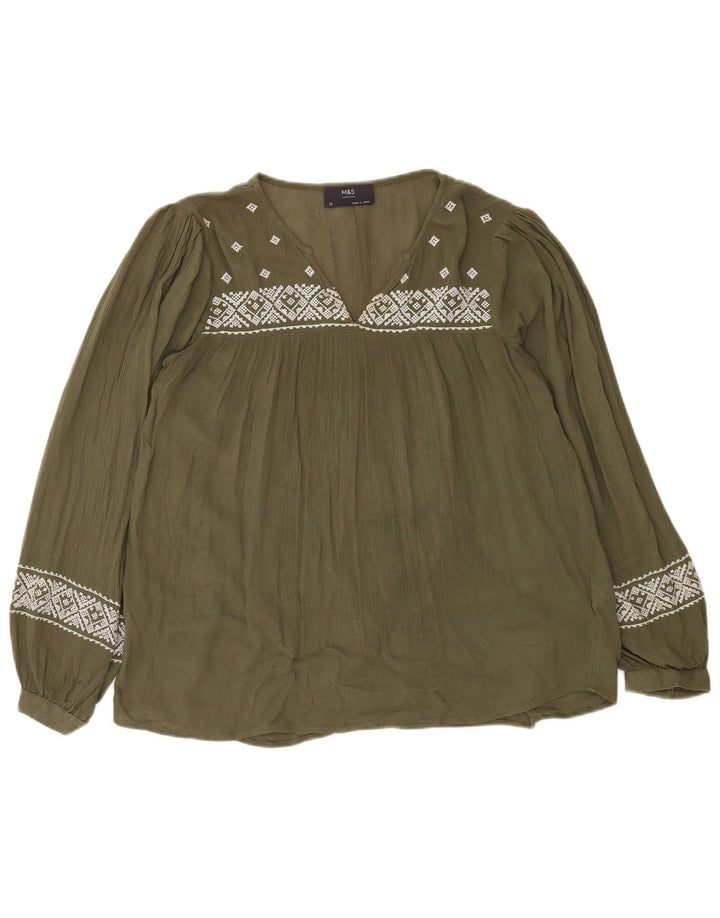 Marks & Spencer Γυναικεία μακρυμάνικη μπλούζα τοπ UK 12 Medium Khaki Geometric