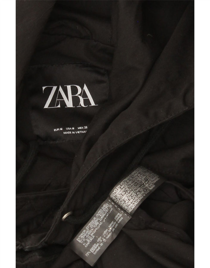 Zara γυναικείο μπουφάν με κουκούλα μεγάλου μεγέθους αντιανεμικό UK 14 μεσαίο μαύρο βαμβακερό