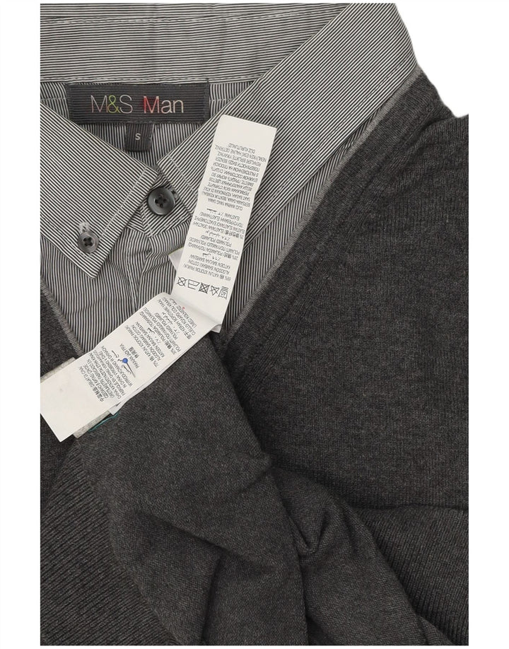 Marks & Spencer Ανδρικό πουλόβερ με λαιμόκοψη σε polo μικρό βαμβακερό γκρι