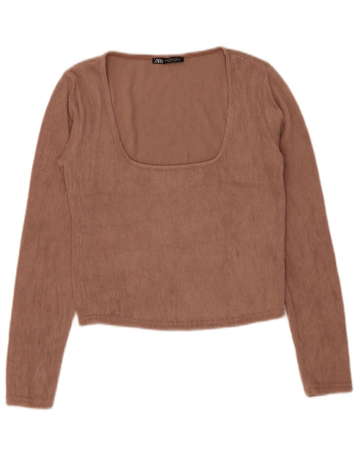 Zara Γυναικείο Crop Top Μακρυμάνικο UK 12 Μεσαίου καφέ Πολυεστέρας