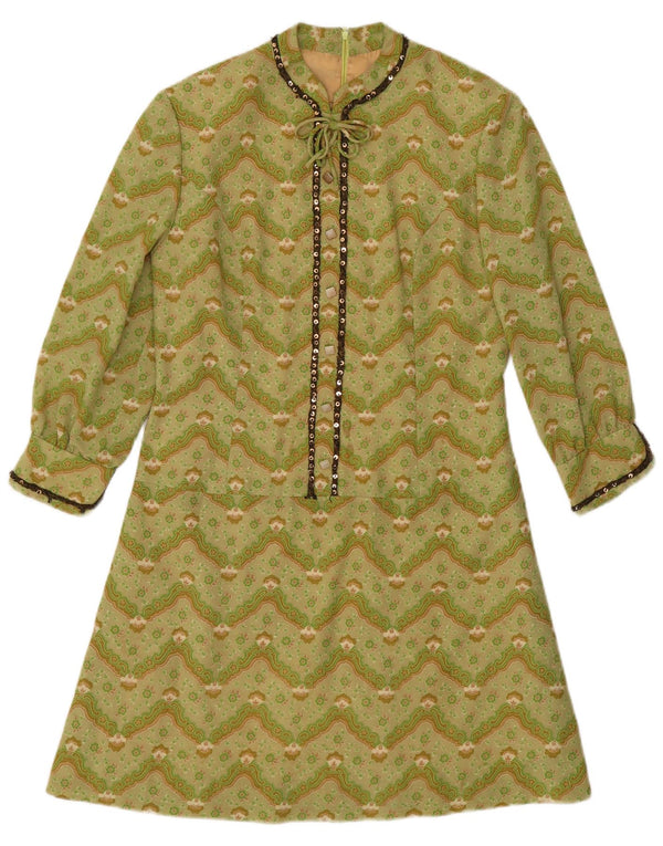 Vintage γυναικείο φόρεμα 3/4 με μανίκια A-line UK 12 Medium Green Chevron